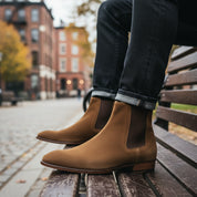 model-siting - Men's Brown Suede Chelsea Ankle Boots