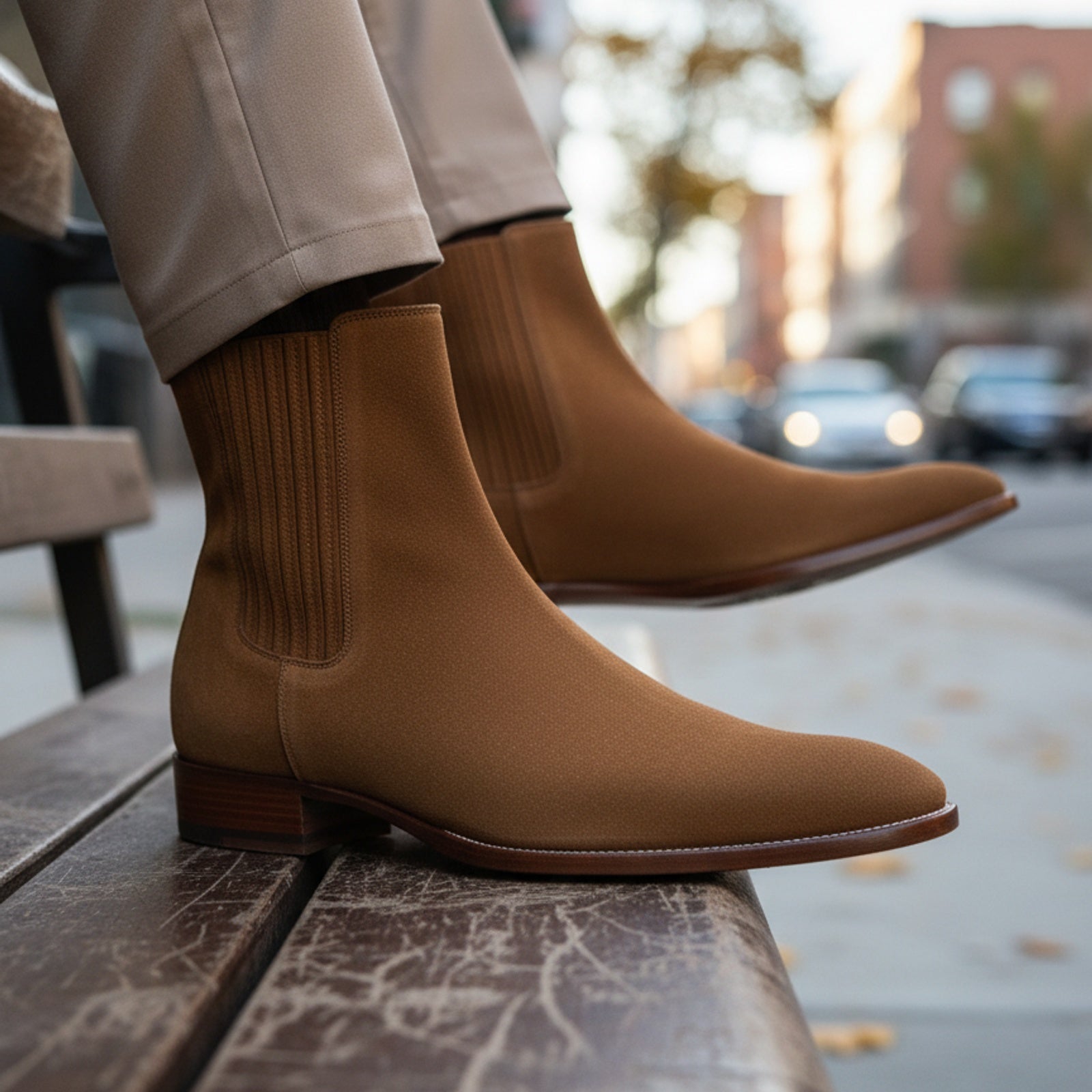 model-siting - Men's Brown Suede Chelsea Boots