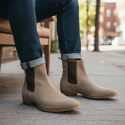 model-siting - Men's Brown Suede Chelsea Boots