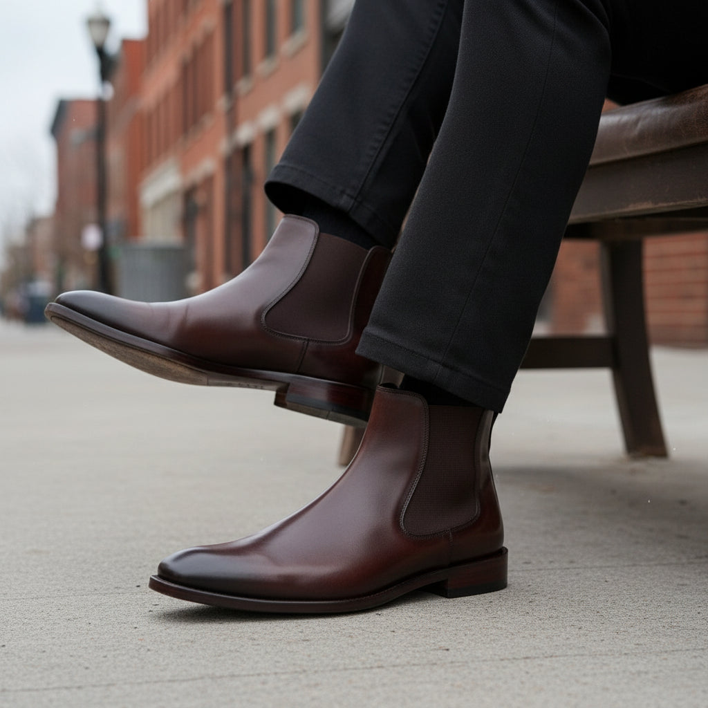 model-siting - Men's Brown Suede Chelsea Boots
