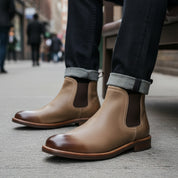 model-siting - Men's Brown Suede Chelsea Boots