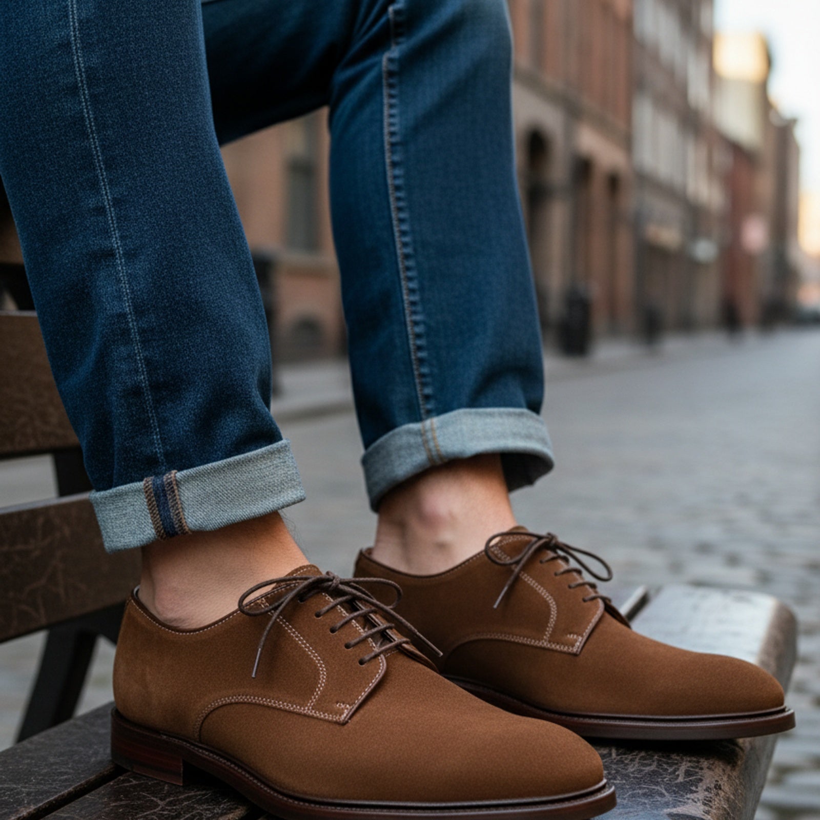 Men's Brown Suede Derby Shoes - model-siting