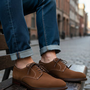 Men's Brown Suede Derby Shoes - model-siting