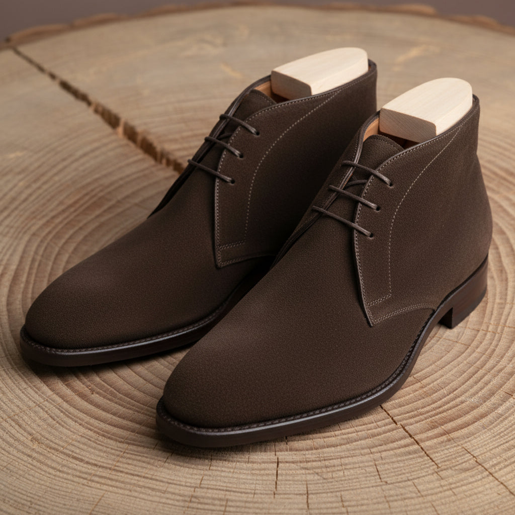 model-siting - Men's Brown Suede Dress Boots