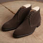 model-siting - Men's Brown Suede Dress Boots