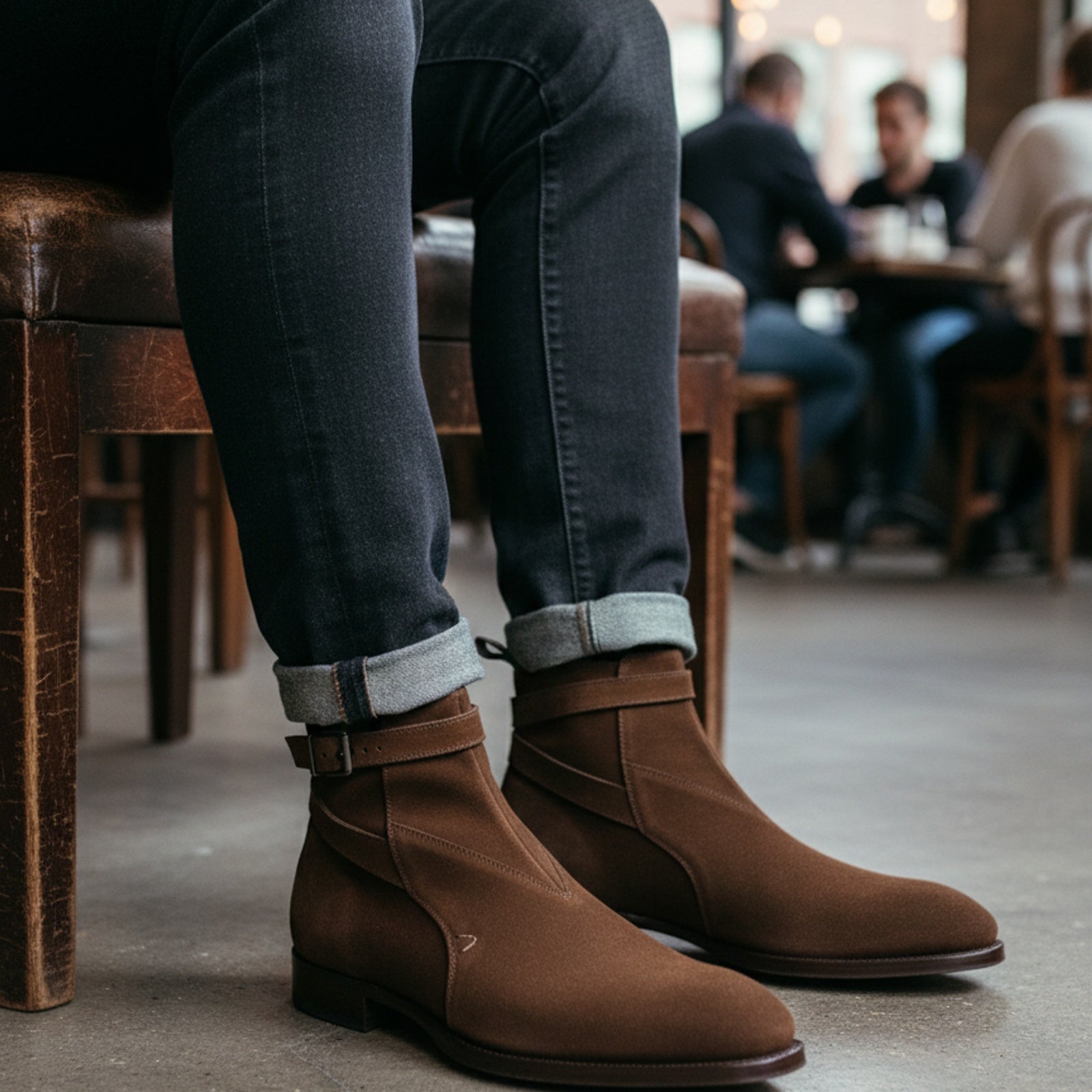 model-siting - Men's Brown Suede Jodhpurs Boots with Ankle Strap