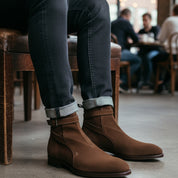 model-siting - Men's Brown Suede Jodhpurs Boots with Ankle Strap