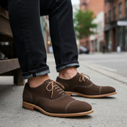 model-siting - Men's Brown Suede Leather Dress Shoes