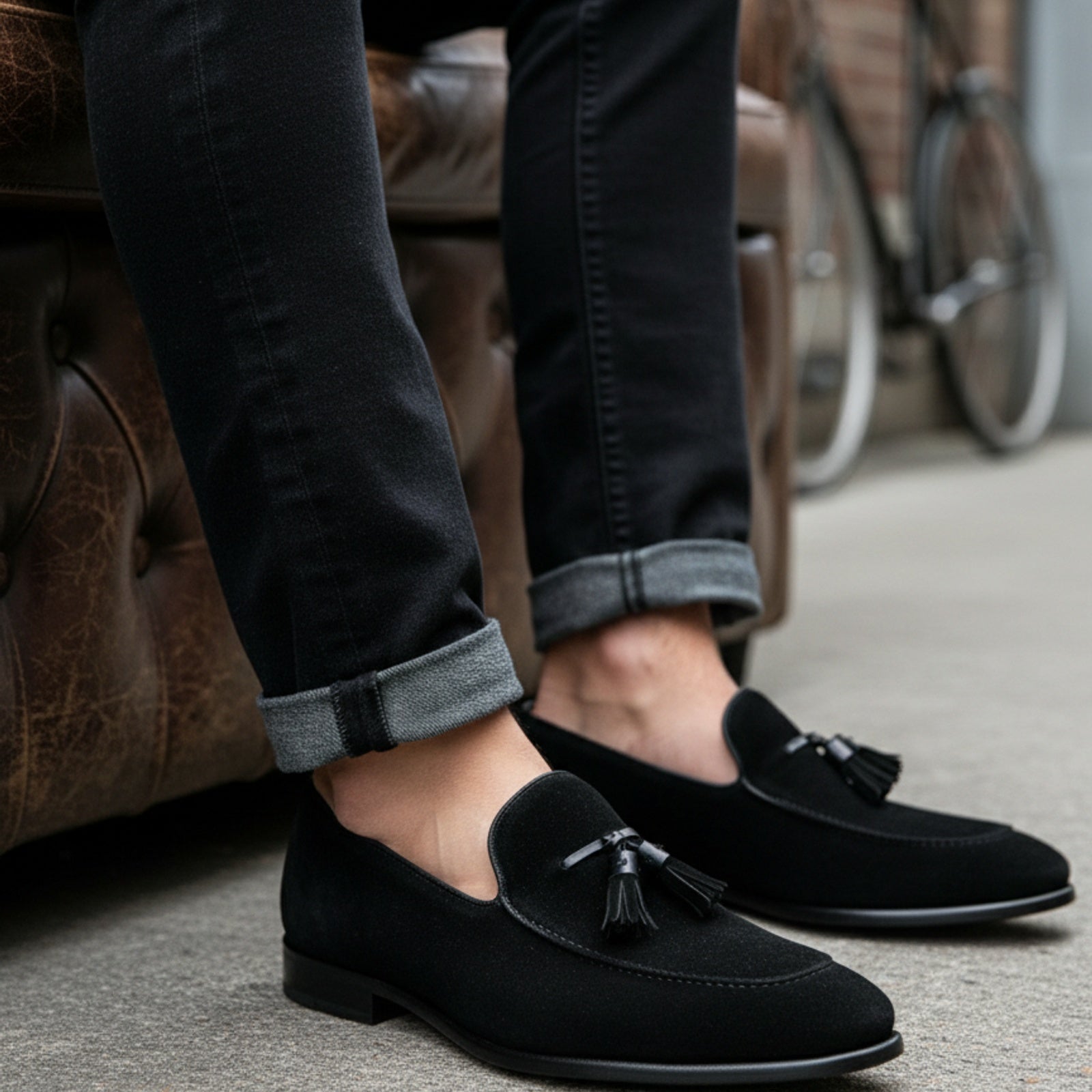 model-siting - Men's Brown Suede Loafer Shoes