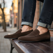 model-siting - Men's Brown Suede Loafers