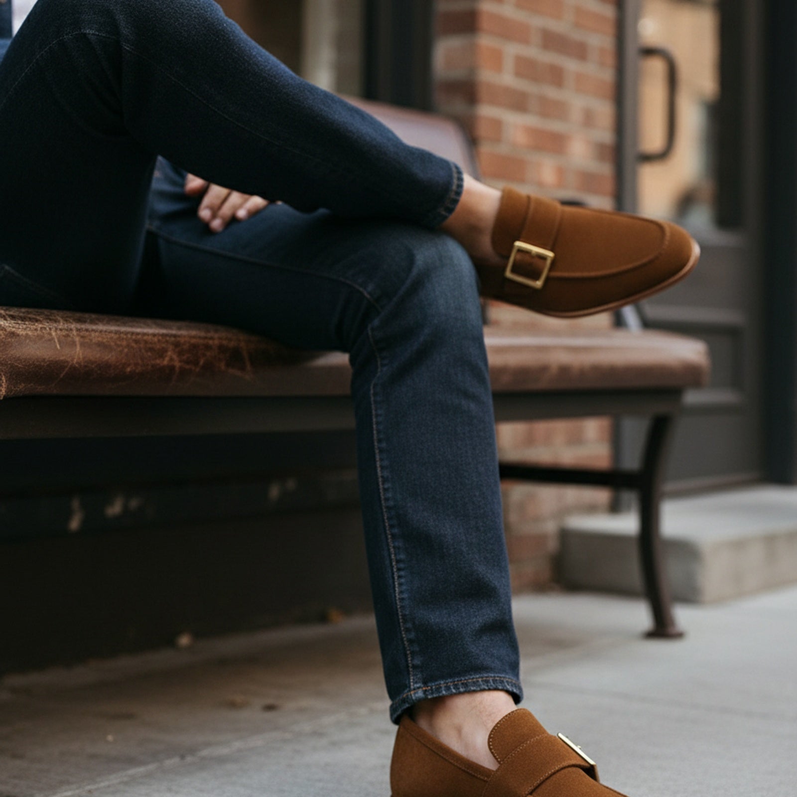 model-siting - Men's Brown Suede Moccasin Dress Shoes