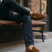 model-siting - Men's Brown Suede Moccasin Dress Shoes