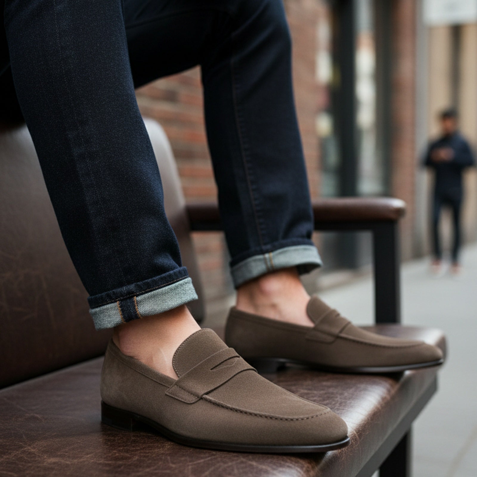 model-siting - Men's Brown Suede Moccasin Dress Shoes