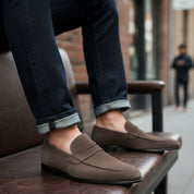 model-siting - Men's Brown Suede Moccasin Dress Shoes