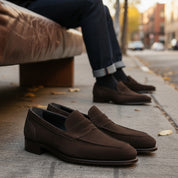 model-siting - Men's Brown Suede Moccasin Loafers