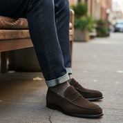 model-siting - Men's Brown Suede Moccasin Loafers
