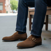 Men's Brown Suede Moccasin Shoes - model-siting