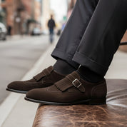 model-siting - Men's Brown Suede Monk Strap Shoes