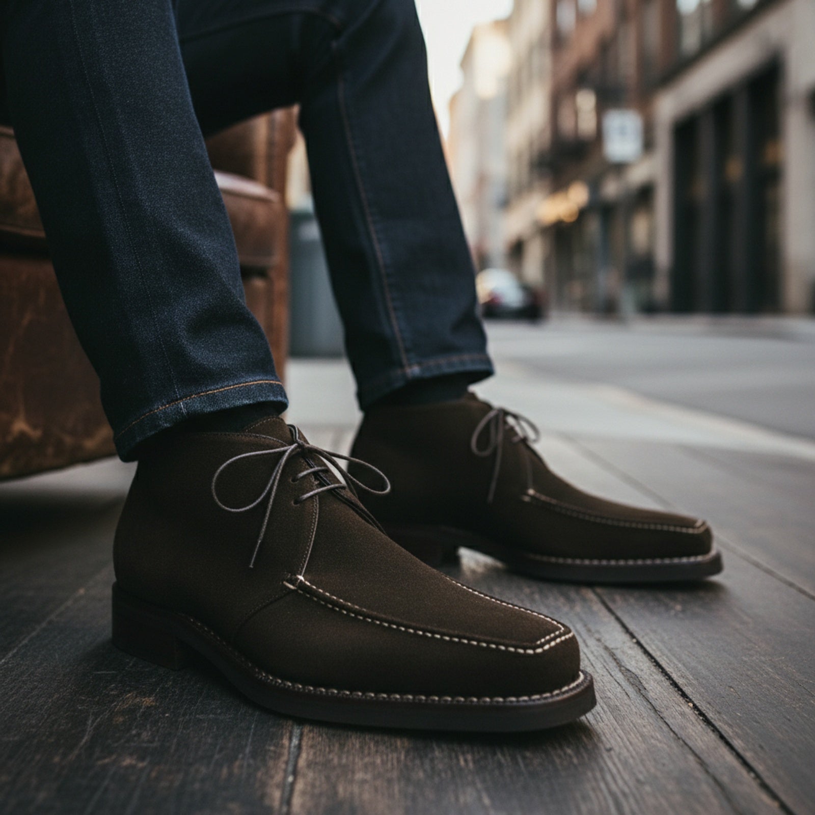 Men's Brown Suede Oxford Dress Shoes - model-siting