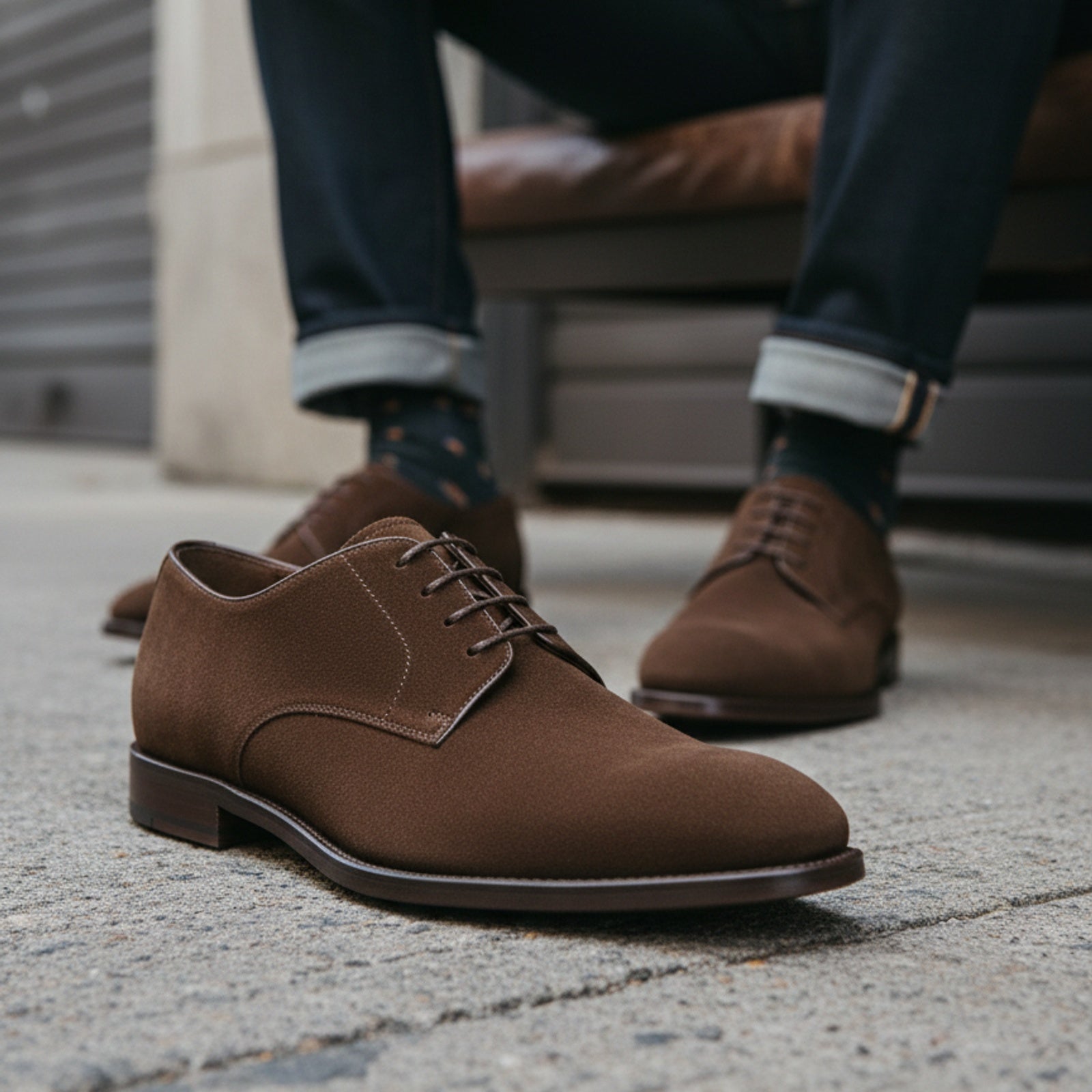 Men's Brown Suede Oxford Dress Shoes - model-siting