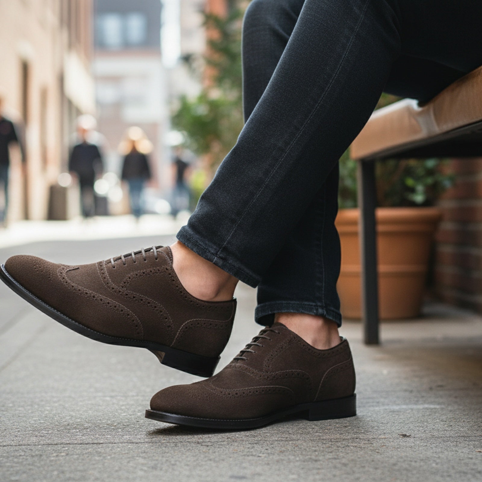 model-siting - Men's Brown Suede Oxford Shoes