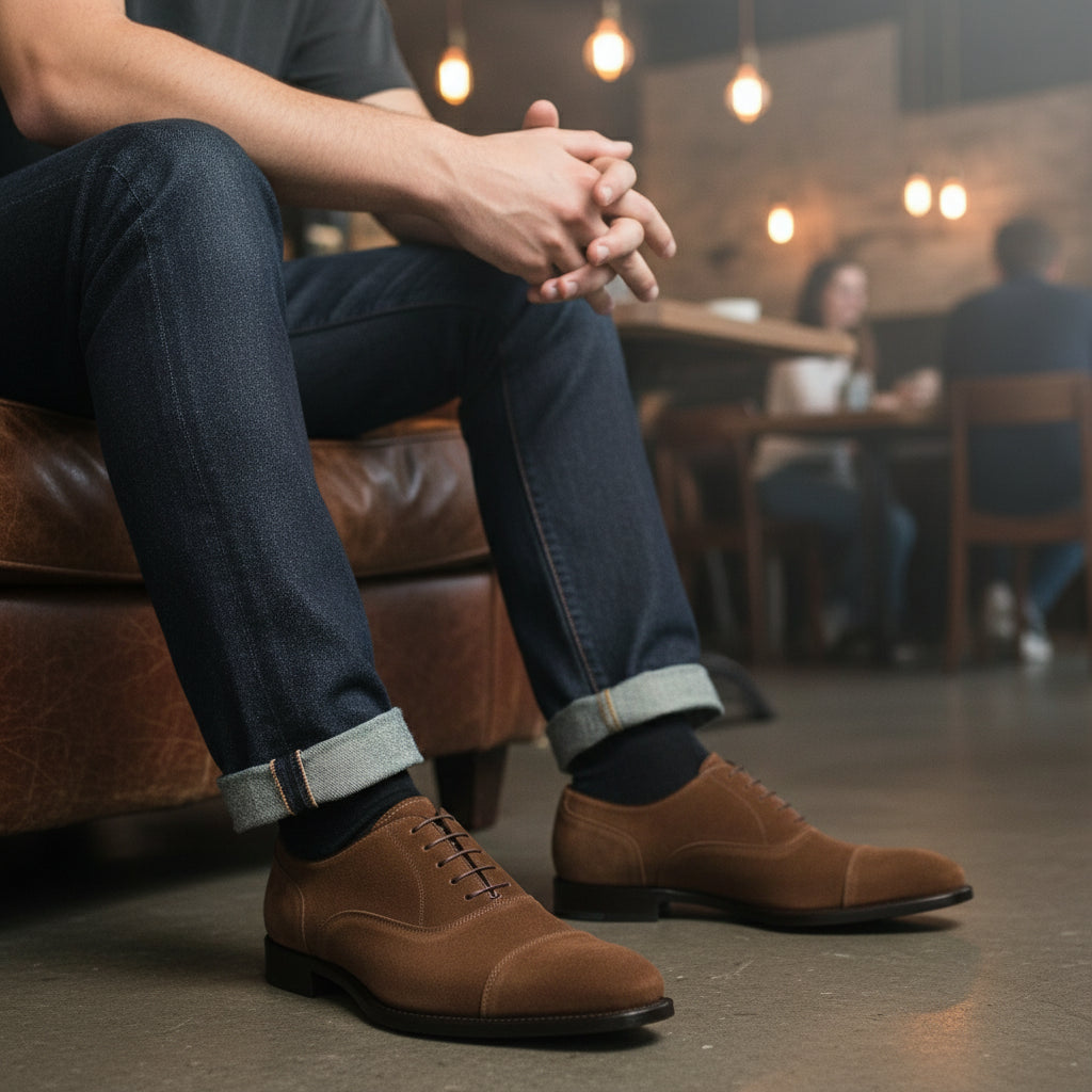 model-siting - Men's Brown Suede Oxford Shoes
