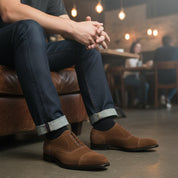 model-siting - Men's Brown Suede Oxford Shoes