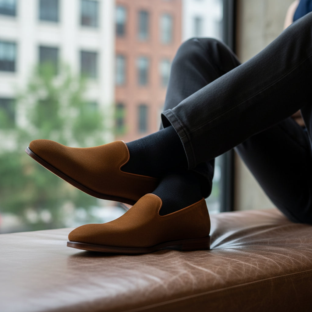 model-siting - Men's Brown Suede Penny Loafer Driving Shoes