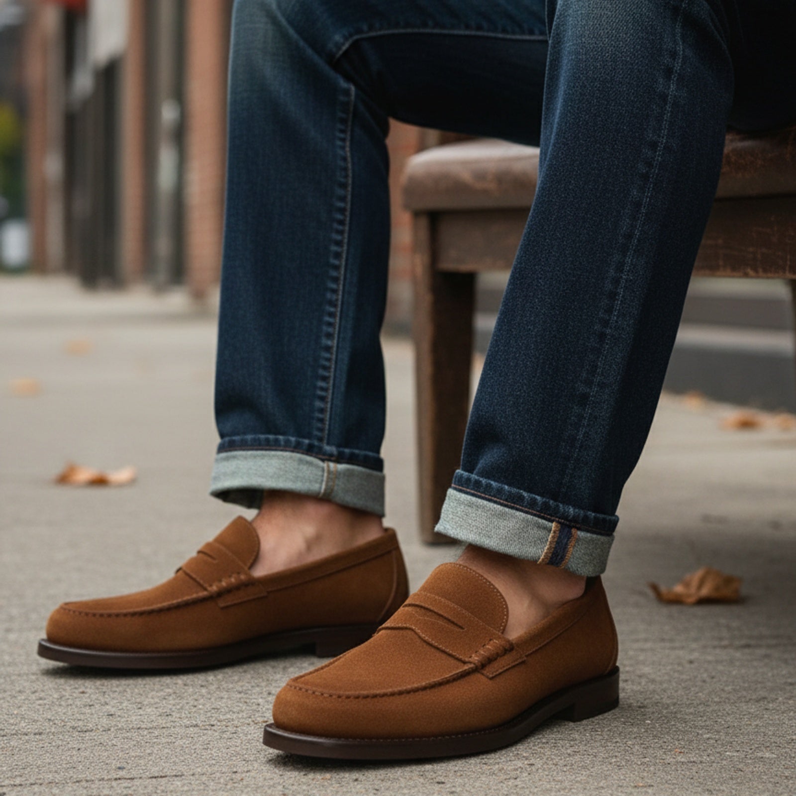 model-siting - Men's Brown Suede Penny Loafer Moccasins