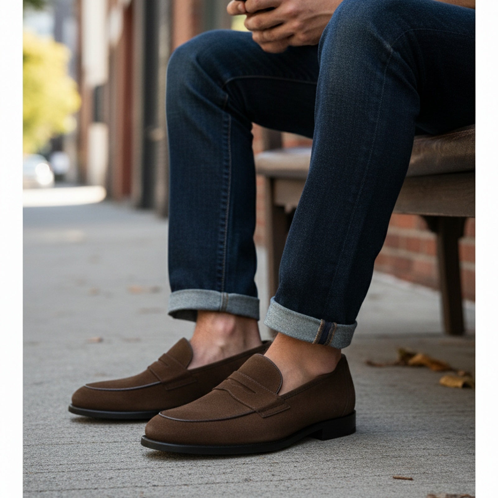 Men's Brown Suede Penny Loafers - model-siting