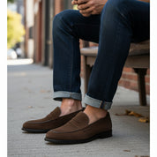 Men's Brown Suede Penny Loafers - model-siting