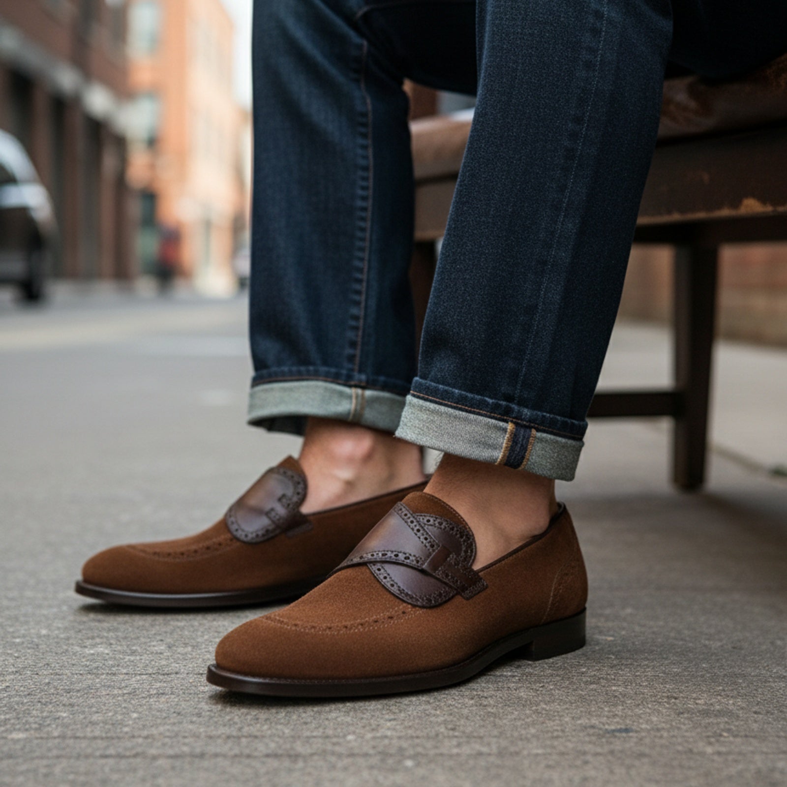 model-siting - Men's Brown Suede Slip-On Loafers