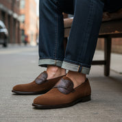model-siting - Men's Brown Suede Slip-On Loafers