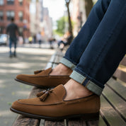 model-siting - Men's Brown Suede Tassel Moccasins