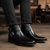 model-siting - Men's Buckle Ankle Boots in Genuine Cow Leather