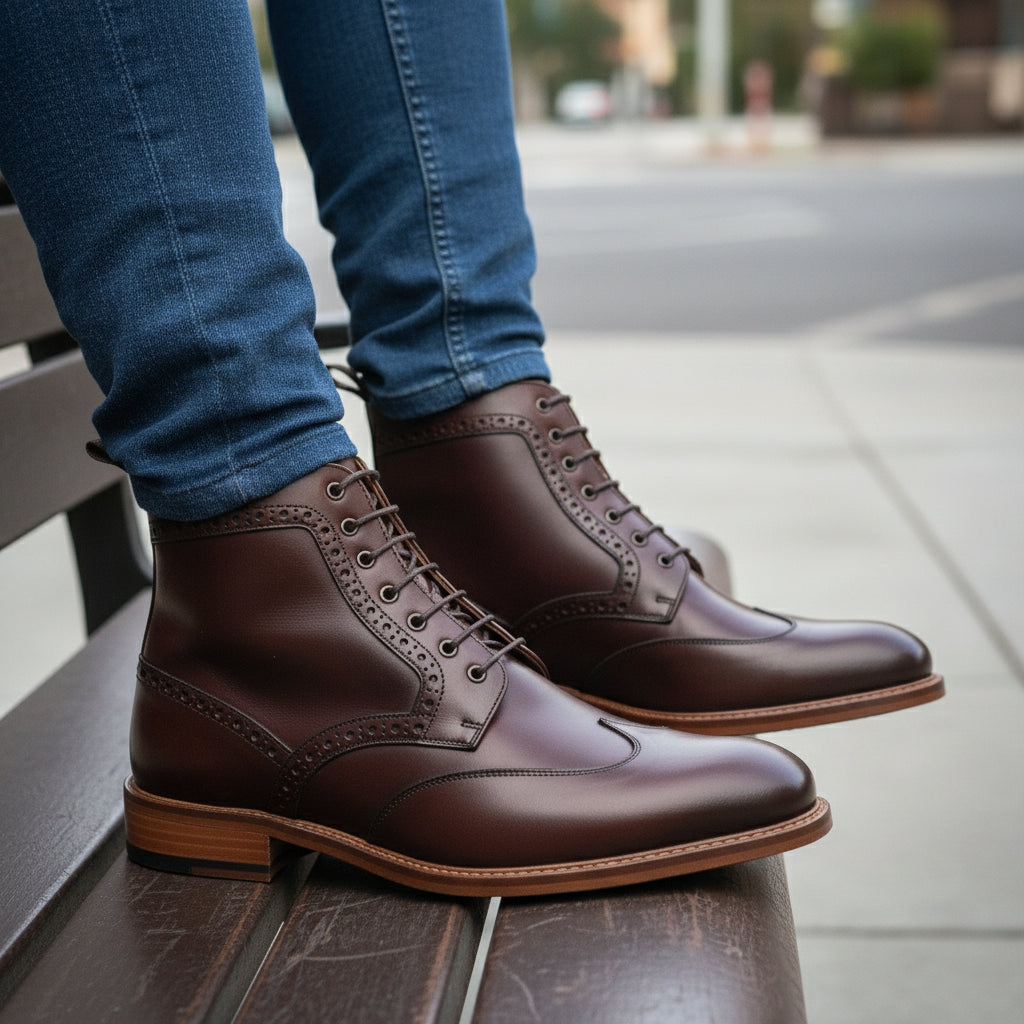 model-siting - Men's Burgundy & Brown Leather Lace-Up Boots