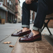 Men's Burgundy Crocodile Textured Leather Loafers - model-siting
