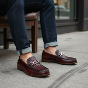 Men's Burgundy Genuine Leather Driving Shoes - model-siting