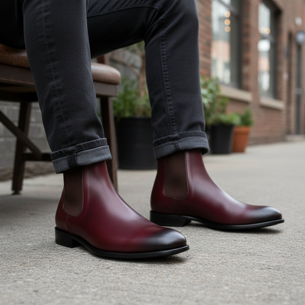 Men's Burgundy Leather Chelsea Boots - model-siting