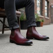 Men's Burgundy Leather Chelsea Boots - model-siting