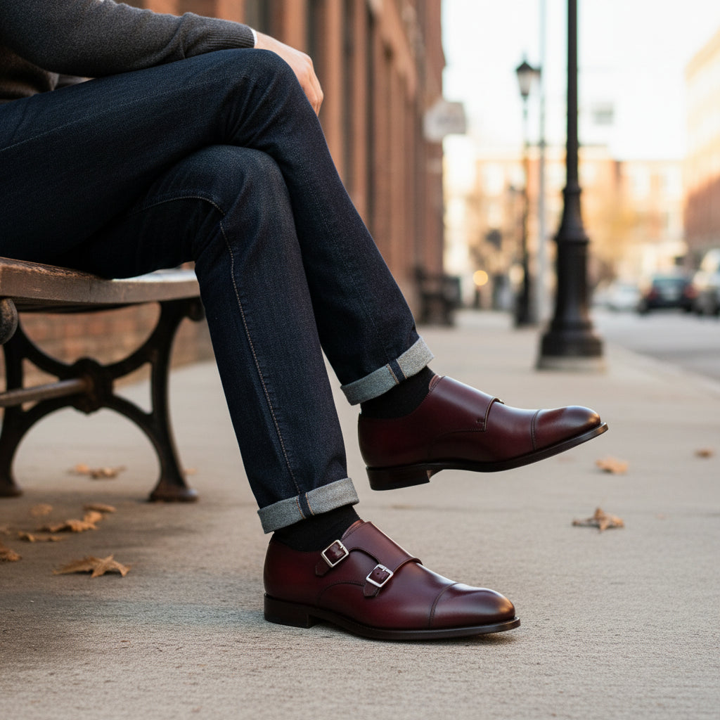 model-siting - Men's Burgundy Leather Double Buckle Dress Shoes
