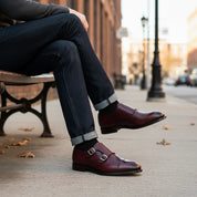 model-siting - Men's Burgundy Leather Double Buckle Dress Shoes