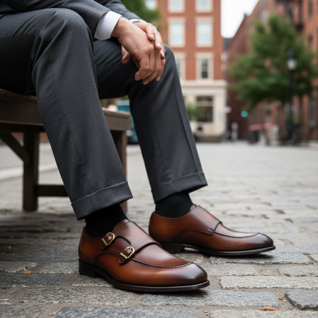 Men's Burgundy Leather Double Monk Shoes, Belgian Loafer Style - model-siting