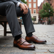 Men's Burgundy Leather Double Monk Shoes, Belgian Loafer Style - model-siting