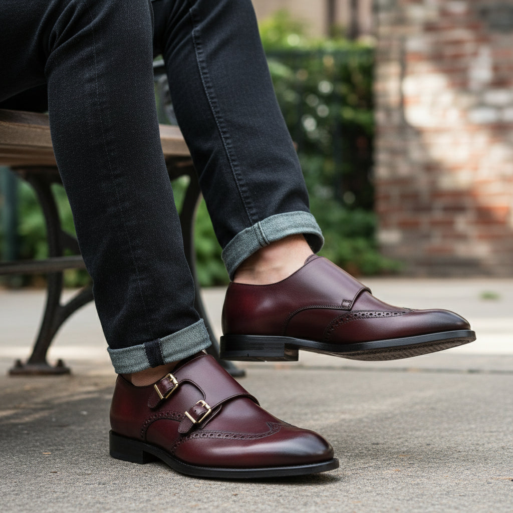 model-siting - Men's Burgundy Leather Double Monk Strap Shoes