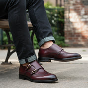 model-siting - Men's Burgundy Leather Double Monk Strap Shoes