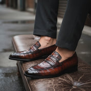 Men's Burgundy Leather Loafer Moccasins | Alligator Embossed Print - model-siting