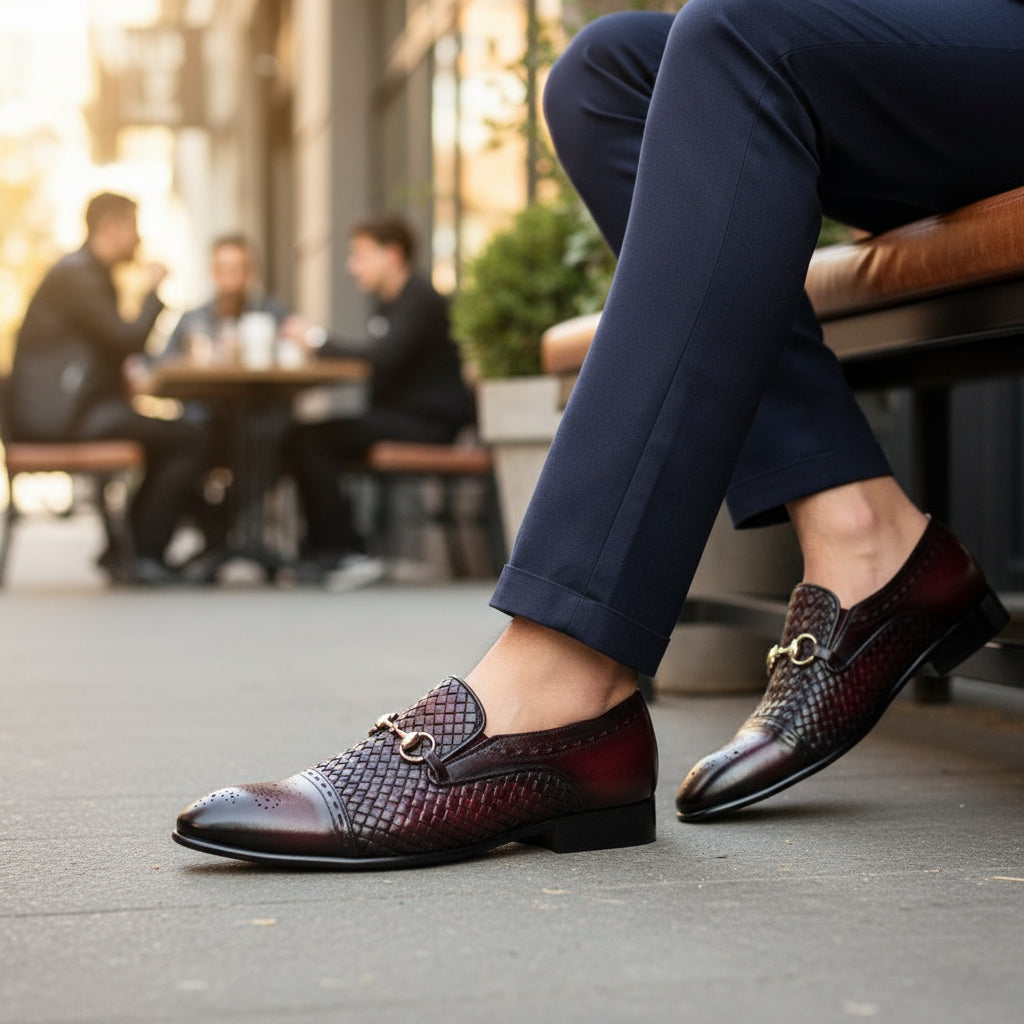 model-siting - Men's Burgundy Leather Moccasins