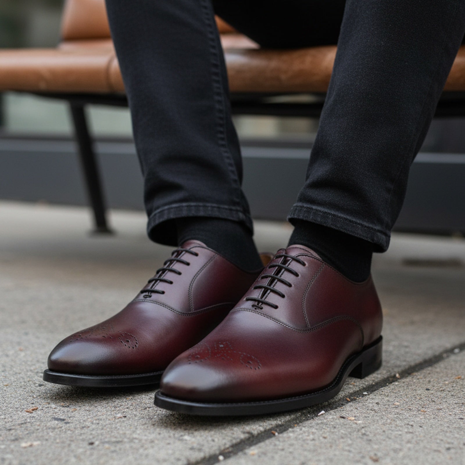model-siting - Men's Burgundy Whole Cut Oxford Leather Dress Shoes