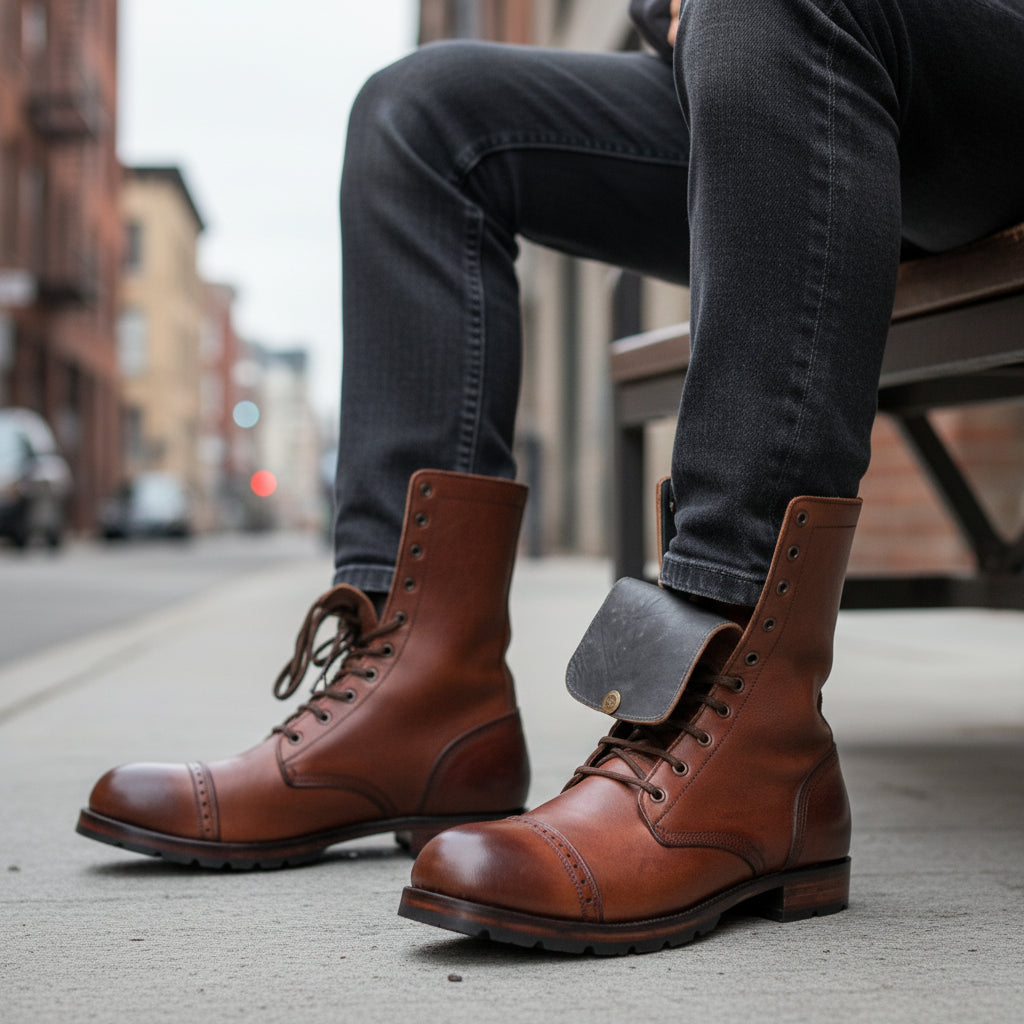 model-siting - Men's Cap-Toe High Ankle Leather Boots